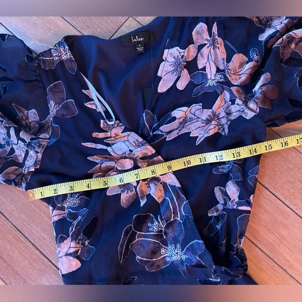Lulus Navy Floral High Low Feminine Flowy Midi Dress Velvet Detail | Small NWT